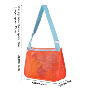 Orange mesh beach bag for shell collecting with adjustable blue straps for kids
