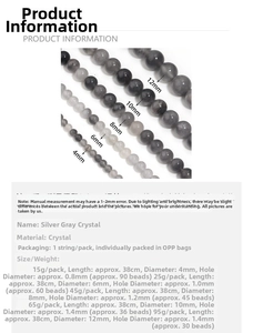 Tableau des tailles pour perles de cristal gris argenté naturel de 4mm à 12mm