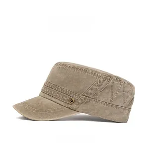 Detailed side view of khaki washed cotton military cap with Z-stitch and copper vent
