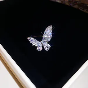 Elegant silver butterfly open ring with sparkling marquise zircon stones in high detail