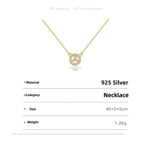 Detail showing 7mm round gold pendant necklace with cubic zirconia and dimensions
