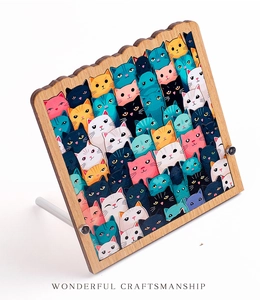 Detail of wooden cat puzzle frame with colorful illustration and metal stand support