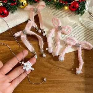 Snowflake Bow Necklace And Earrings Alloy Rhinestone Faux Artificial Pearl Pink Plush With Silver Earring Post Winter Elegant