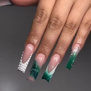 Press On Nails Dark Green French Gradient Marble 3D Relief Star Pattern Rhinestone Long Square Coffin Shape For Women