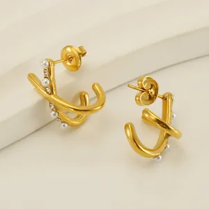 Cross X Shape Earrings Stainless Steel 18K Gold Plated With Artificial Pearl Zircon Fashion Jewelry For Women