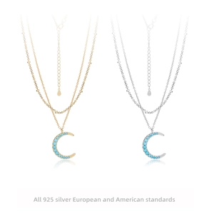 925 Sterling Silver Layered Crescent Moon Pendant Necklace For Women Blue Zirconia Inlaid Gold Silver Plated Fashion Jewelry Accessory