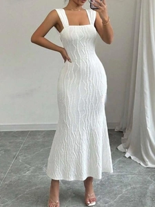 Detailed view of white square neck midi dress with 3D water ripple textured fabric