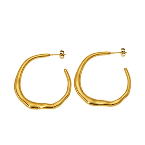 Polished gold wave hoop earrings in stainless steel with a fluid irregular design