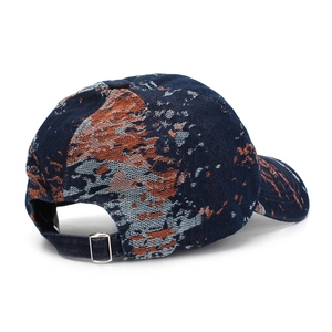 Vintage navy blue jacquard baseball cap with orange graffiti texture and metal buckle