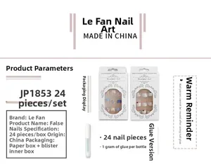 Vue détaillée de l'emballage de 24 faux ongles French long avec colle 1g et boîte