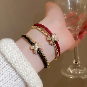 Bracelet Double Couche En Corde Tressée Et Chaîne Métallique Cuivre Zircon Design Croix X Bijoux De Mode Pour Femmes