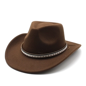 Classic dark brown western cowboy hat with ethnic star patterned band and fedora top