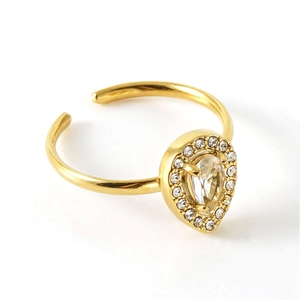 Adjustable 18k gold stainless steel open ring with pear shaped zircon stone on white background