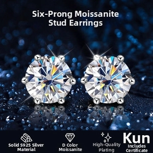Close-up of D-color moissanite earrings in classic six-prong S925 sterling silver setting