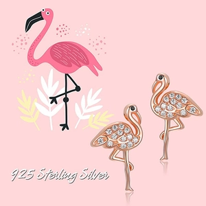 Macro detail of rose gold flamingo earrings in 925 sterling silver with sparkling stones