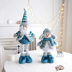 Detail showing the telescopic legs of blue Christmas gnome and snowman plush decor