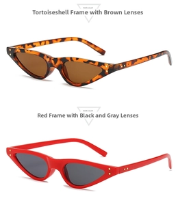 Detail of retro triangle cat eye sunglasses in tortoiseshell and red with metal studs