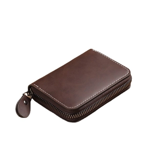 Brown accordion card holder in matte oil wax leather with stylish contrast stitching