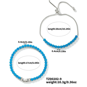 Macro view of blue zircon double bracelet set with 26cm and 17cm length dimensions