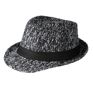 Classic men's vintage fedora hat in black and white tweed with a black ribbon band