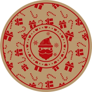 Jute Christmas placemat with red Santa print and pompom trim on round burlap mat
