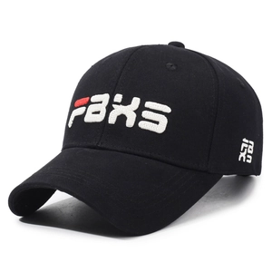Black cotton baseball cap with red and white 3D embroidery and curved sun visor brim