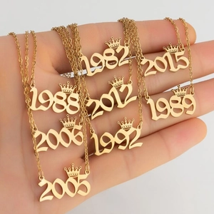 Gold stainless steel crown year pendant necklaces for women with minimalist box chain