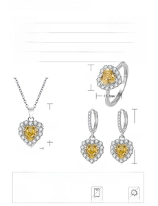 Detailed size specifications for heart-cut S925 silver jewelry set with dimensions