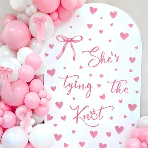 Pink bow and heart PVC wall decal with matching pink and white balloon arch decor