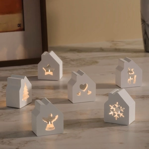 Set de 6 bougeoirs maisons en céramique blanche avec motifs de fête pour décoration
