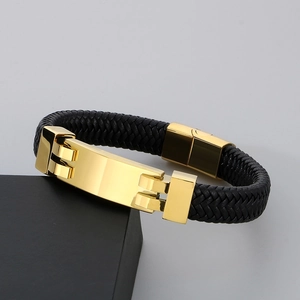 Men's retro braided leather bracelet with a polished gold stainless steel clasp