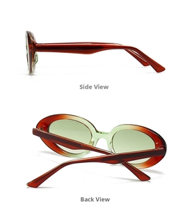 Detail view of oval tortoiseshell sunglasses showing sleek side and back frame design
