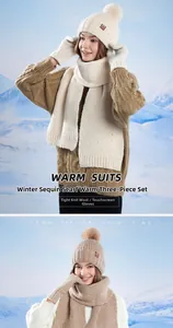 Detail of winter knit set including pompom hat, scarf, and touchscreen-compatible gloves