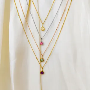 Stainless Steel Birthstone Pendant Necklace For Women Elegant Electroplated Rhinestone Round Stone Link Chain Necklace Jewelry