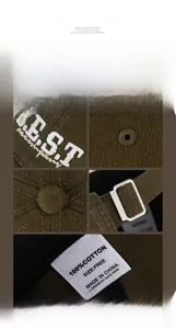 Detailed close-up of dark green washed cotton baseball cap with BEST 3D embroidery and metal buckle