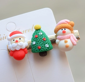 Detail of Christmas clips featuring Santa Claus, reindeer, and resin tree ornaments