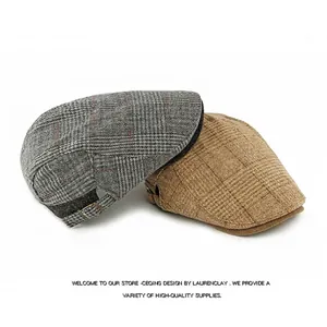 British vintage wool plaid flat cap for men and women with warm thick lining in grey and khaki