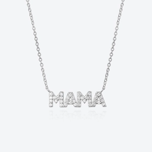 Detailed close-up of MAMA pendant with micro-pavé crystals on a silver chain