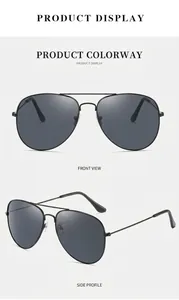Classic pilot sunglasses in black metal frame with grey lenses in front and side views