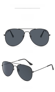 Classic pilot sunglasses in black metal frame with grey lenses in front and side views