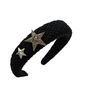 French vintage black padded headband with sparkly rhinestone and silver star accents