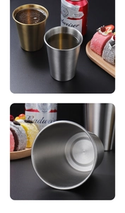 Detailed view of stackable 304 stainless steel cups in gold and silver metallic finishes