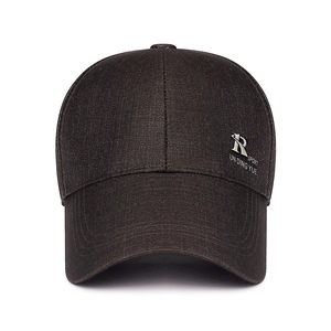 Classic dark coffee baseball cap with long visor and silver metal R logo on plain background