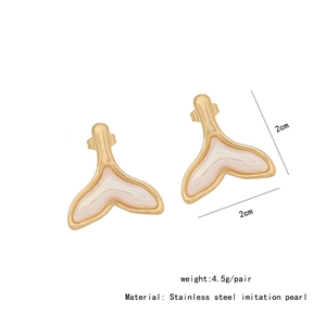 Detailed view of gold fishtail earrings with imitation pearls and 2cm size markings