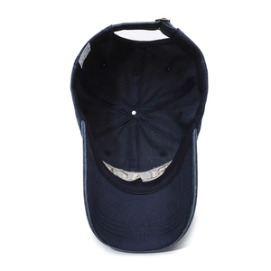 Deep blue washed cotton baseball cap with adjustable metal buckle and inner sweatband