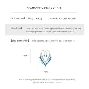 Detailed size chart for blue teardrop tassel necklace and earring jewelry set