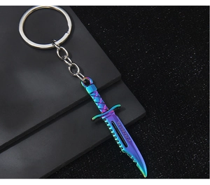 Macro detail of rainbow plated alloy dagger keychain with jagged blade edge