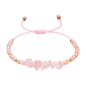 Adjustable pink rose quartz beaded bracelet with handmade braided cord on white background