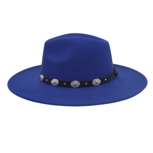 Detail of blue felt fedora with black ribbon band and silver metallic round badges