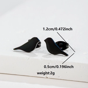 Minimalist black stainless steel bird stud earrings with butterfly back and size dimensions